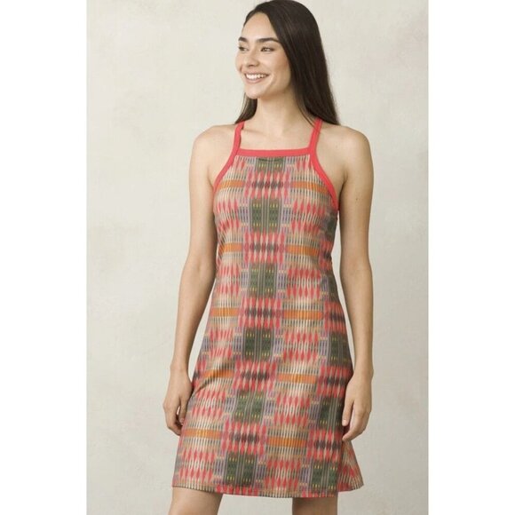 Prana Ardor Dress Racerback Shelf Bra Red Brown Carmine Desert Geo Large - Picture 1 of 7